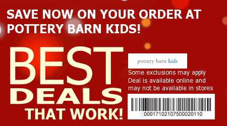 Past Pottery Barn Coupon Codes Use one of the Pottery Barn Kids promo codes for benefits like free shipping or gifts. While Pottery Barn Kids already has extremely reasonable prices, you can receive an even greater discount by using the current online codes for Pottery Barn Kids.