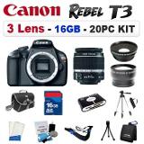 Canon - Digital Cameras EOS Rebel T3 Digital SLR Camera Kit w/ EF-S 18-55mm f/3.5-5.6 IS ll Lens +3 Lens Kit +16GB +20 Coupons